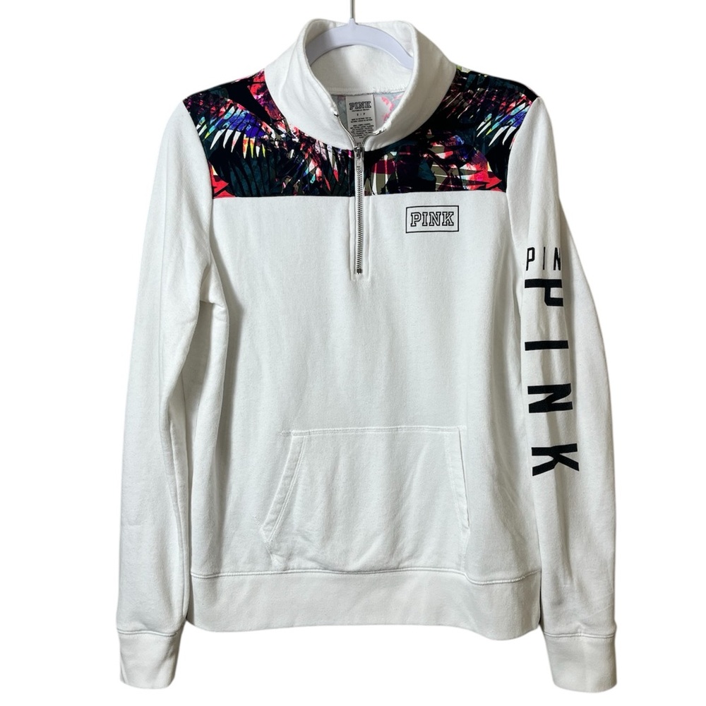 VS PINK Y2K Quarter Zip Sweatshirt Small White Tropical Palm Floral Pullover